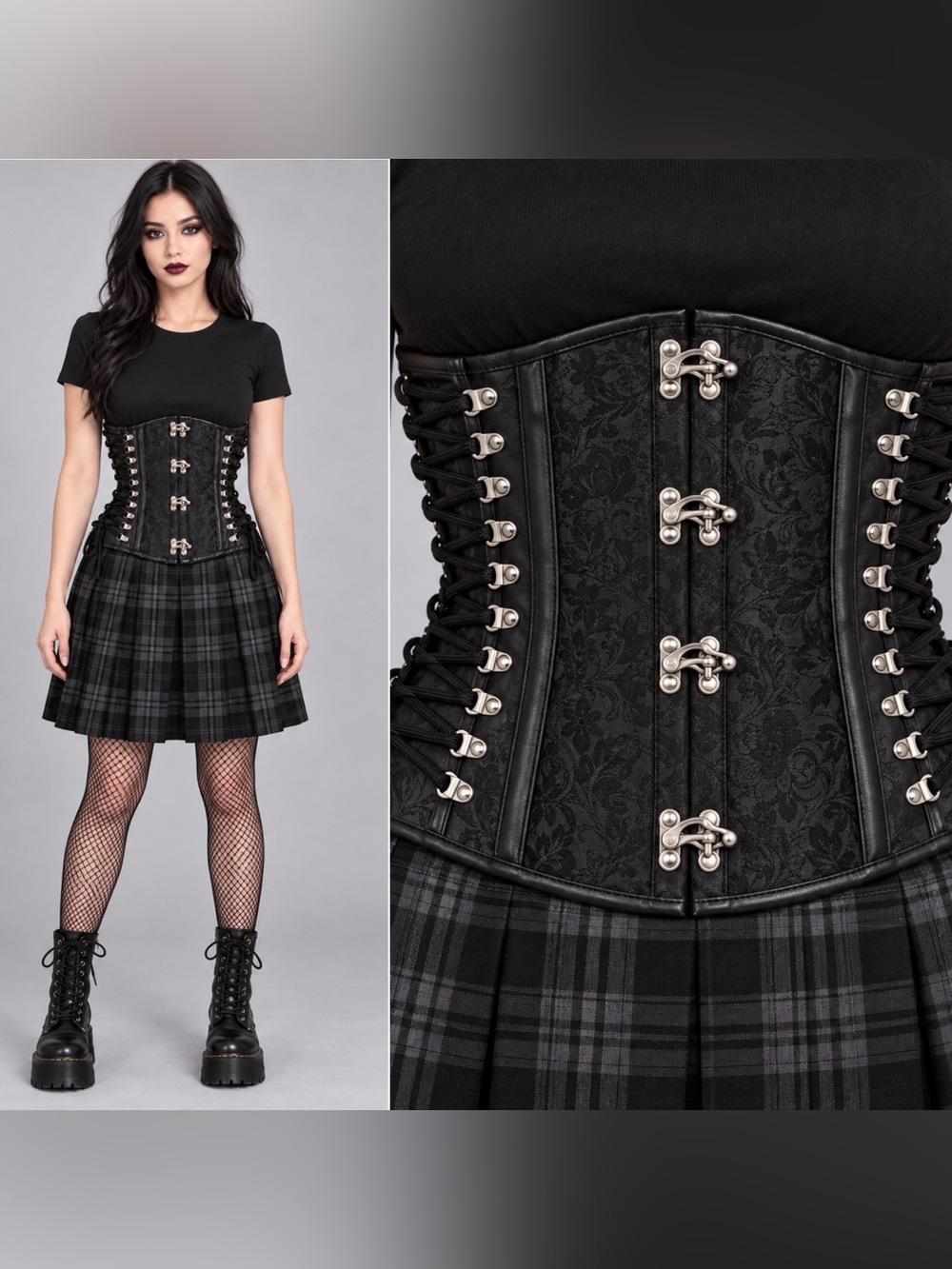 KIMRING Black faux Leather Brocade Underbust Corset Lace-Up Gothic Steampunk M